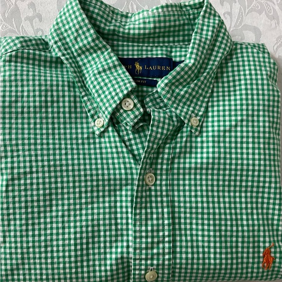 Ralph Lauren Check Button Down Shirt Women Size Medium Slim Fit Orange Pony - Picture 1 of 11